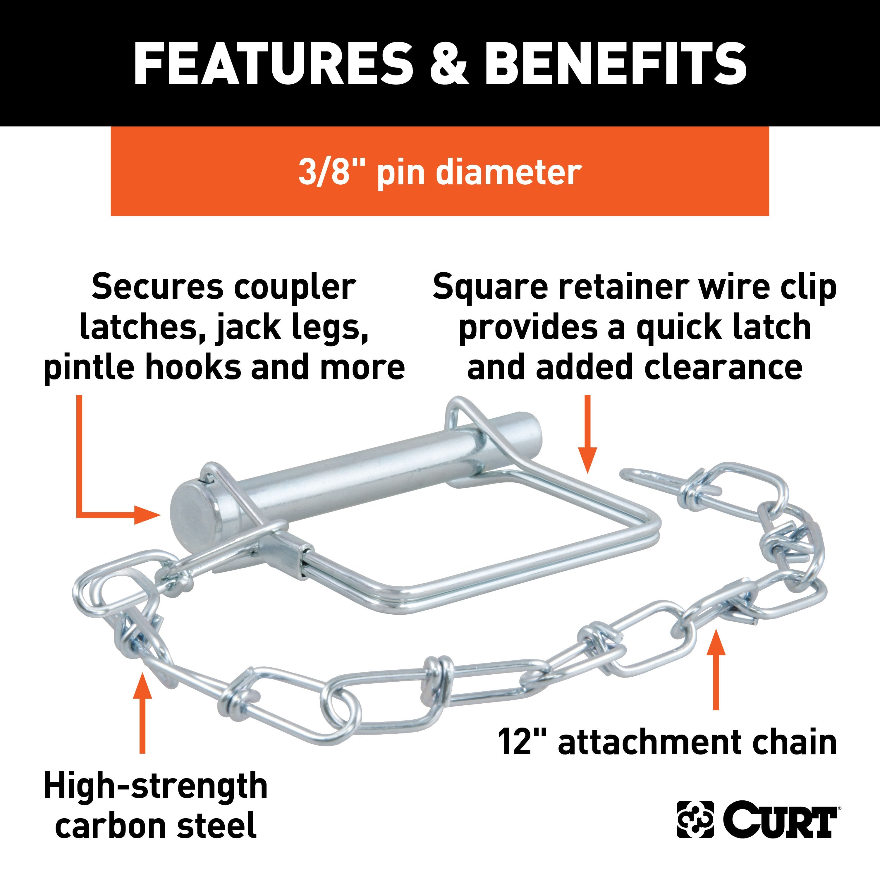 CURT Trailer Coupler Pin with 12-Inch Chain, 3/8-Inch Diameter x 2-3/4-Inch Long Model 28000