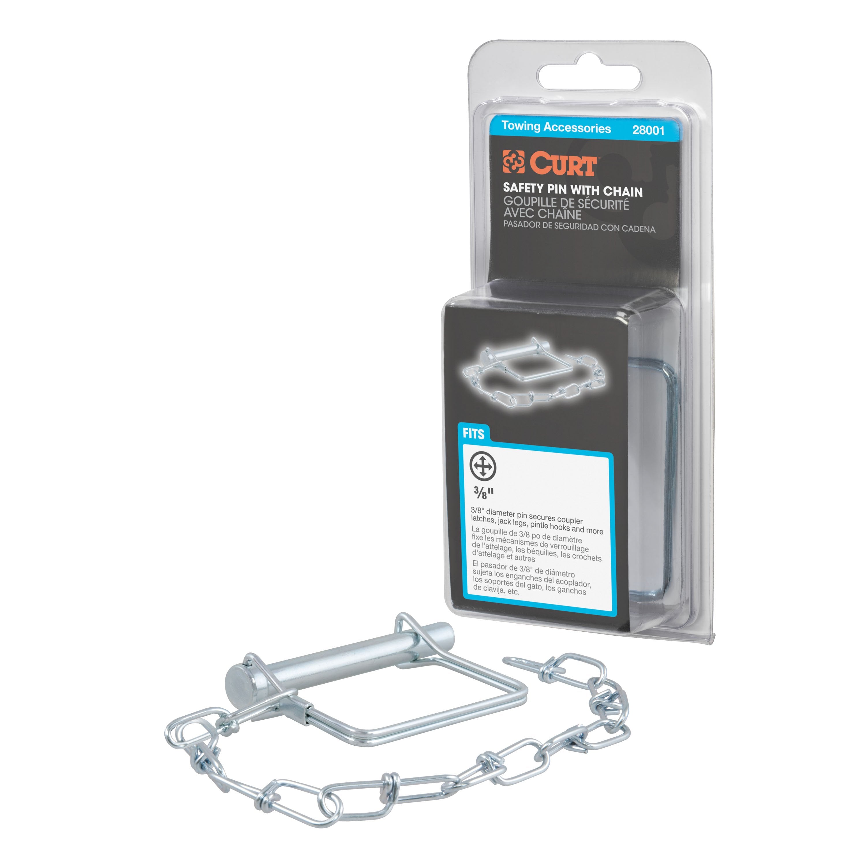 CURT Trailer Coupler Pin with 12-Inch Chain, 3/8-Inch Diameter x 2-3/4-Inch Long Model 28001