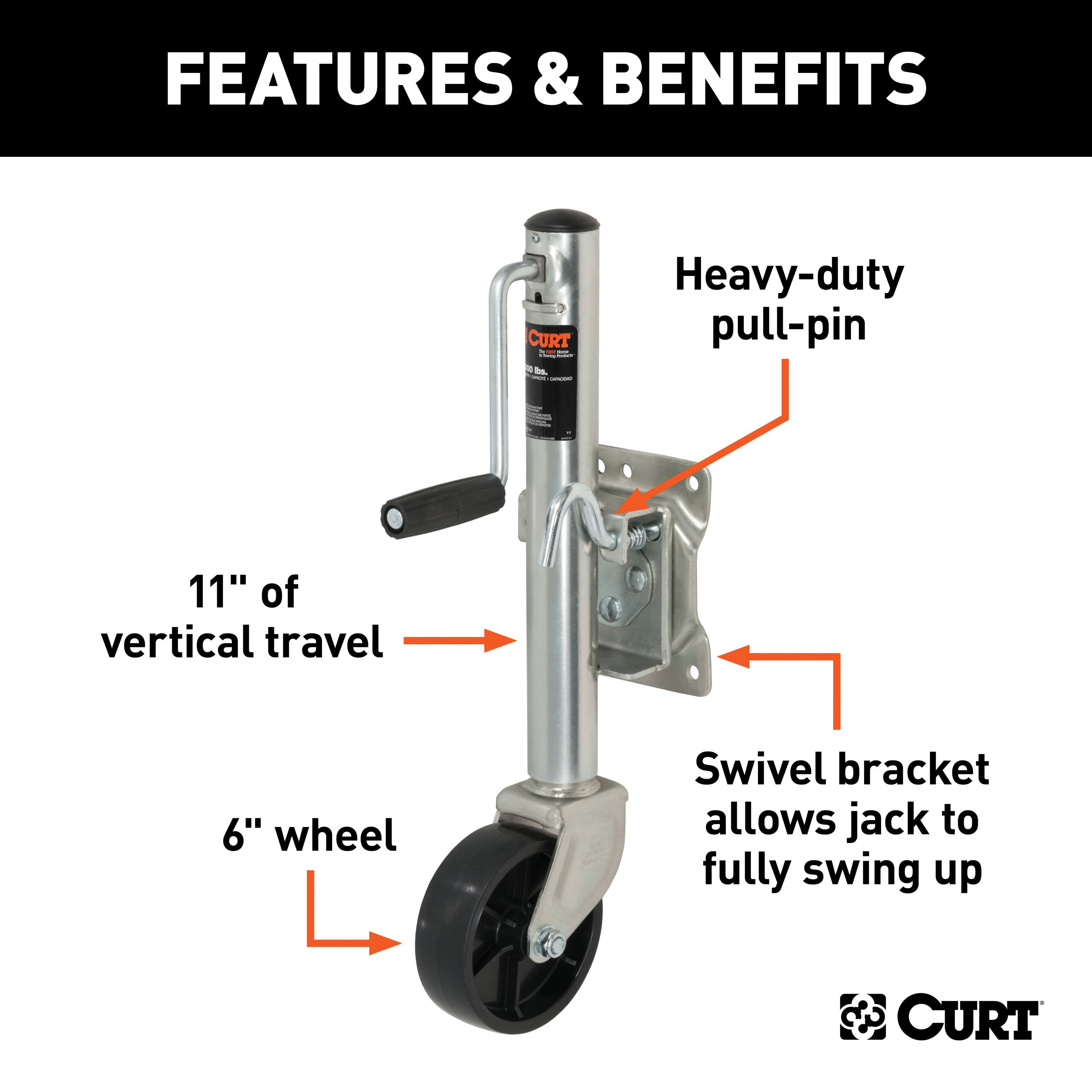 CURT Marine Boat Trailer Jack with 6-Inch Wheel, 1,200 lbs. 11 Inches Vertical Travel Model 28113