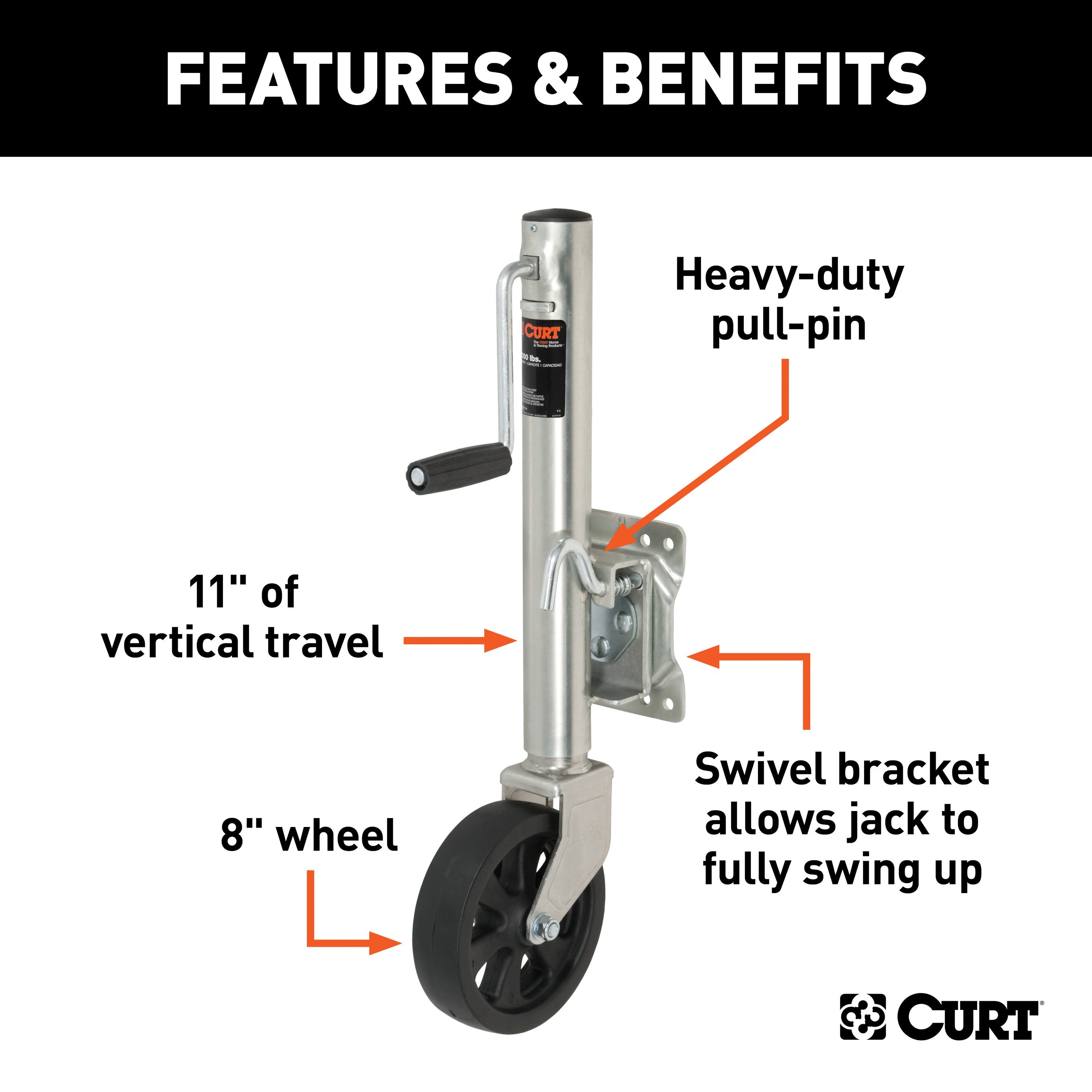 CURT Marine Boat Trailer Jack with 8-Inch Wheel, 1,500 lbs. Support Capacity, 11 Inches Vertical Travel Model 28115