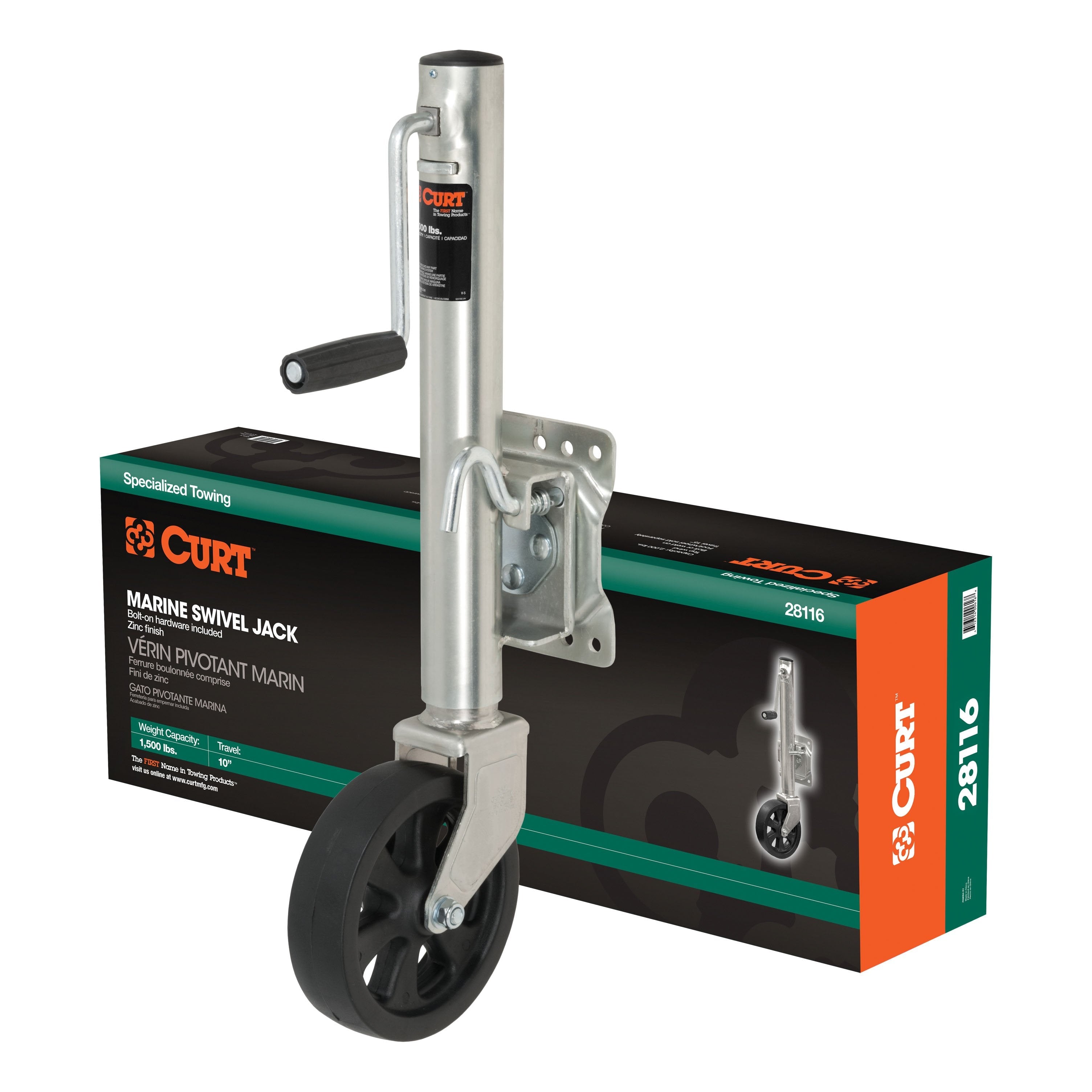 CURT Marine Boat Trailer Jack with 8-Inch Wheel, 1,500 lbs. 11 Inches Vertical Travel Model 28116