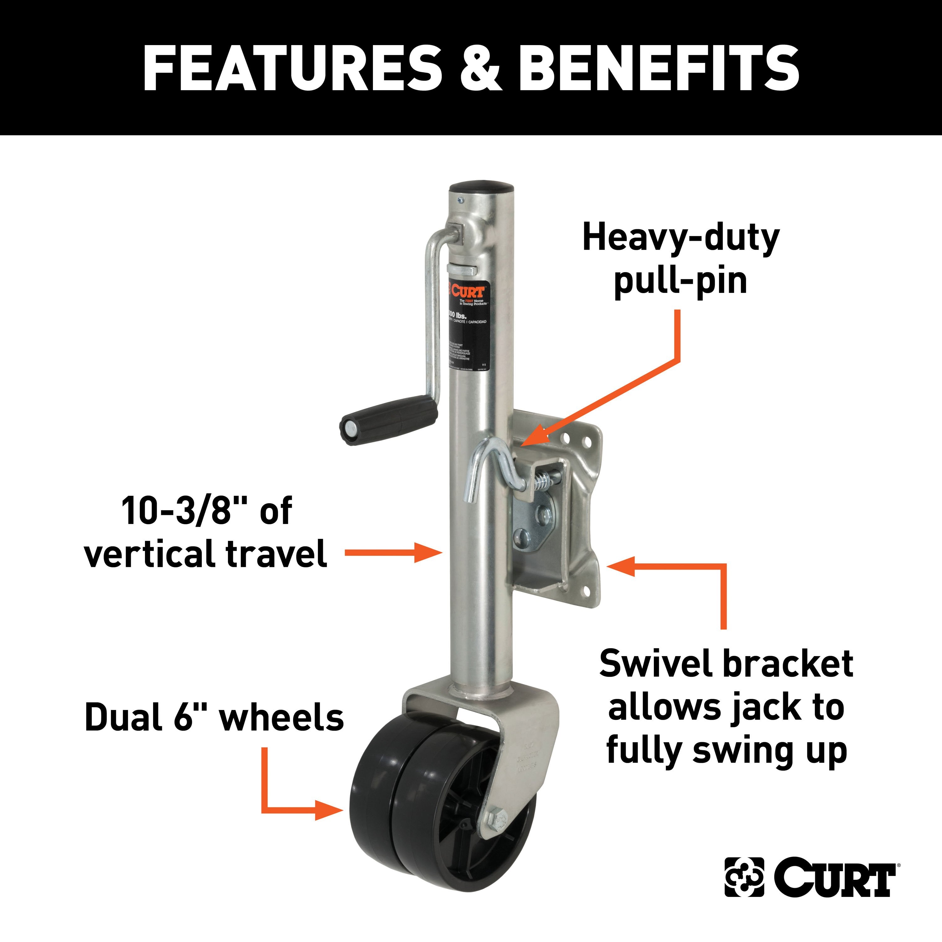 CURT Marine Boat Trailer Jack with 6-Inch Wheels, 1,500 lbs. Support Capacity, 10-3/8 Inches Vertical Travel Model 28155