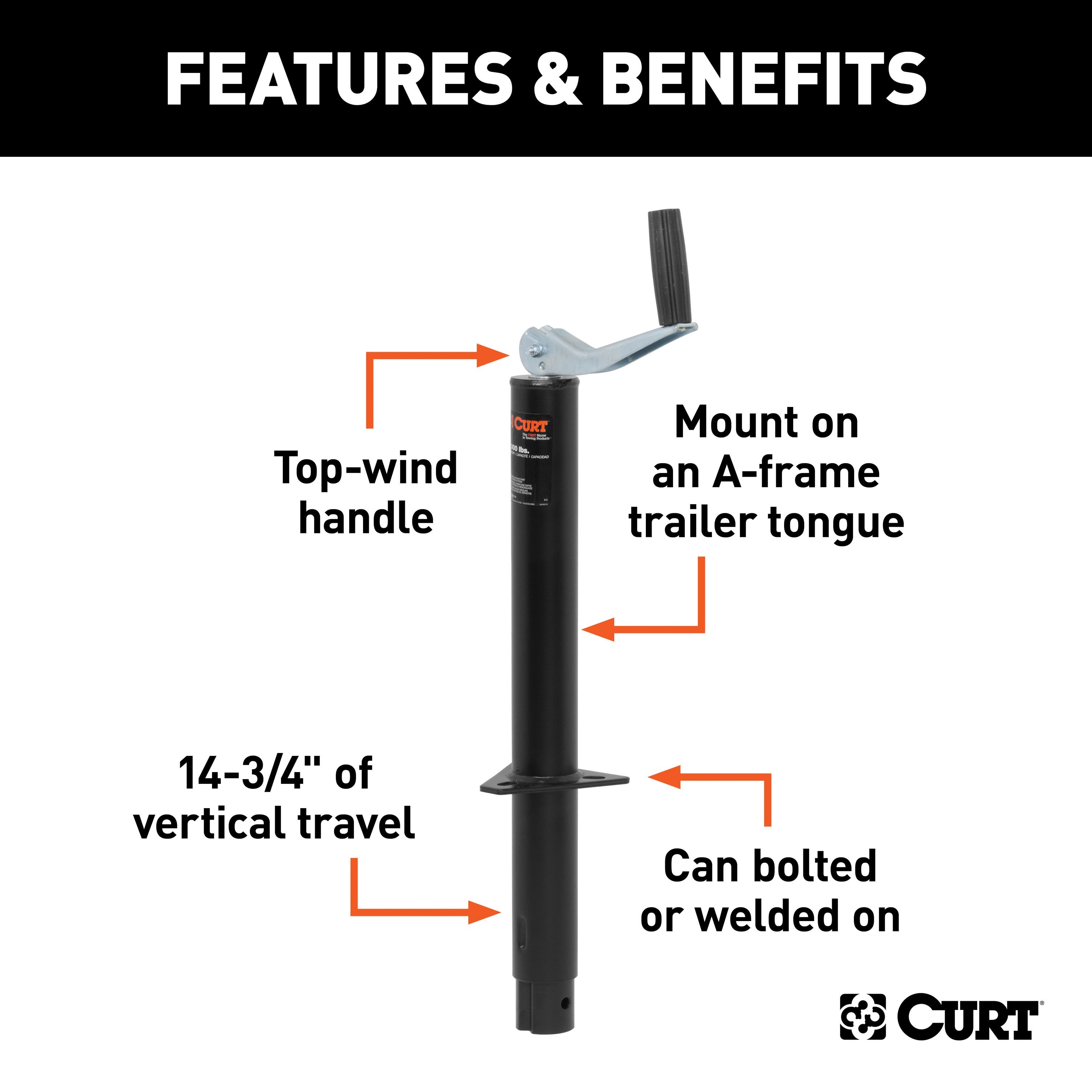 CURT A-Frame Trailer Jack, 2,000 lbs, 14-3/4 Inches Vertical Travel Model 28203
