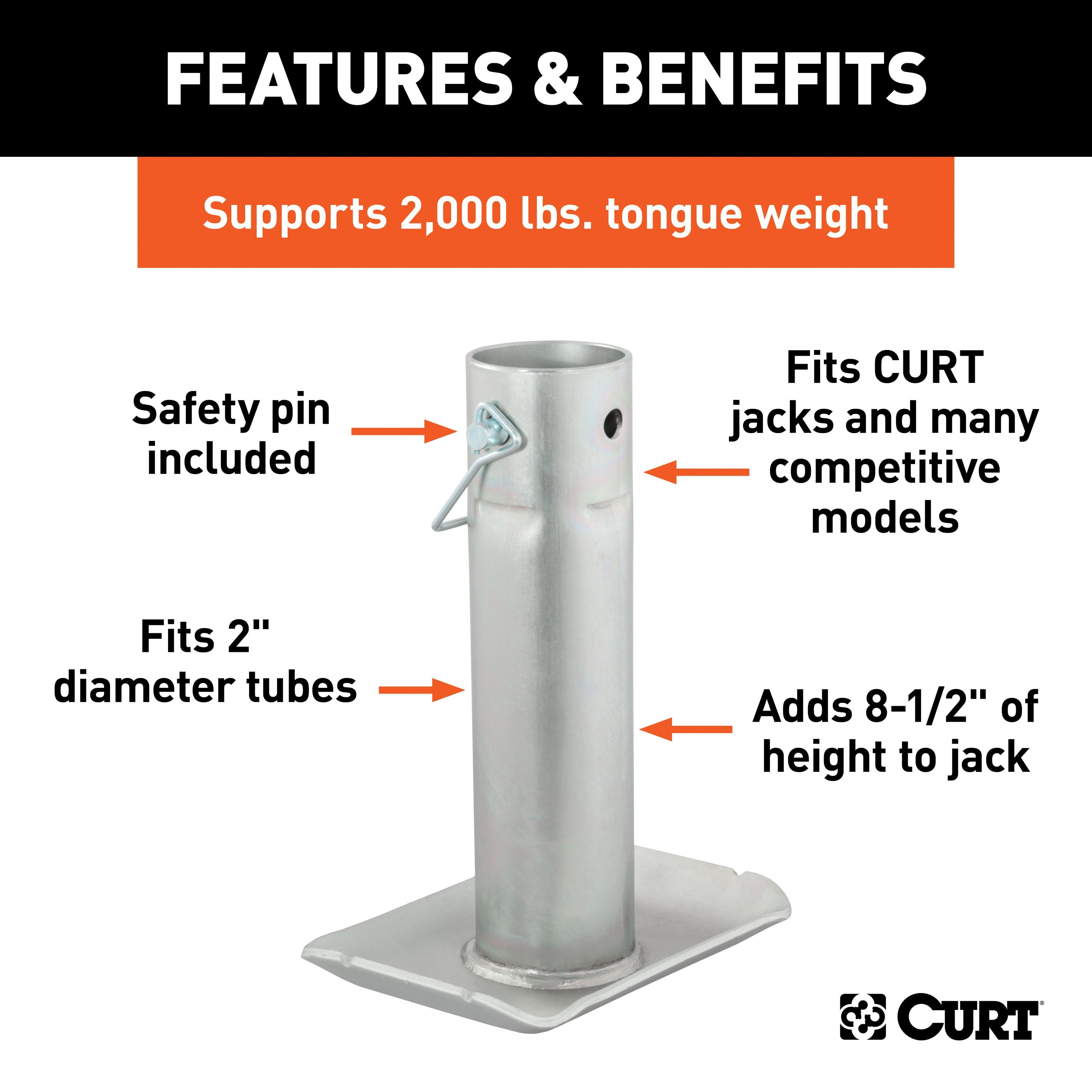 CURT Trailer Jack Foot, Fits 2-Inch Diameter Tube, Supports 2,000 lbs, 8-1/2-In Height Model 28274