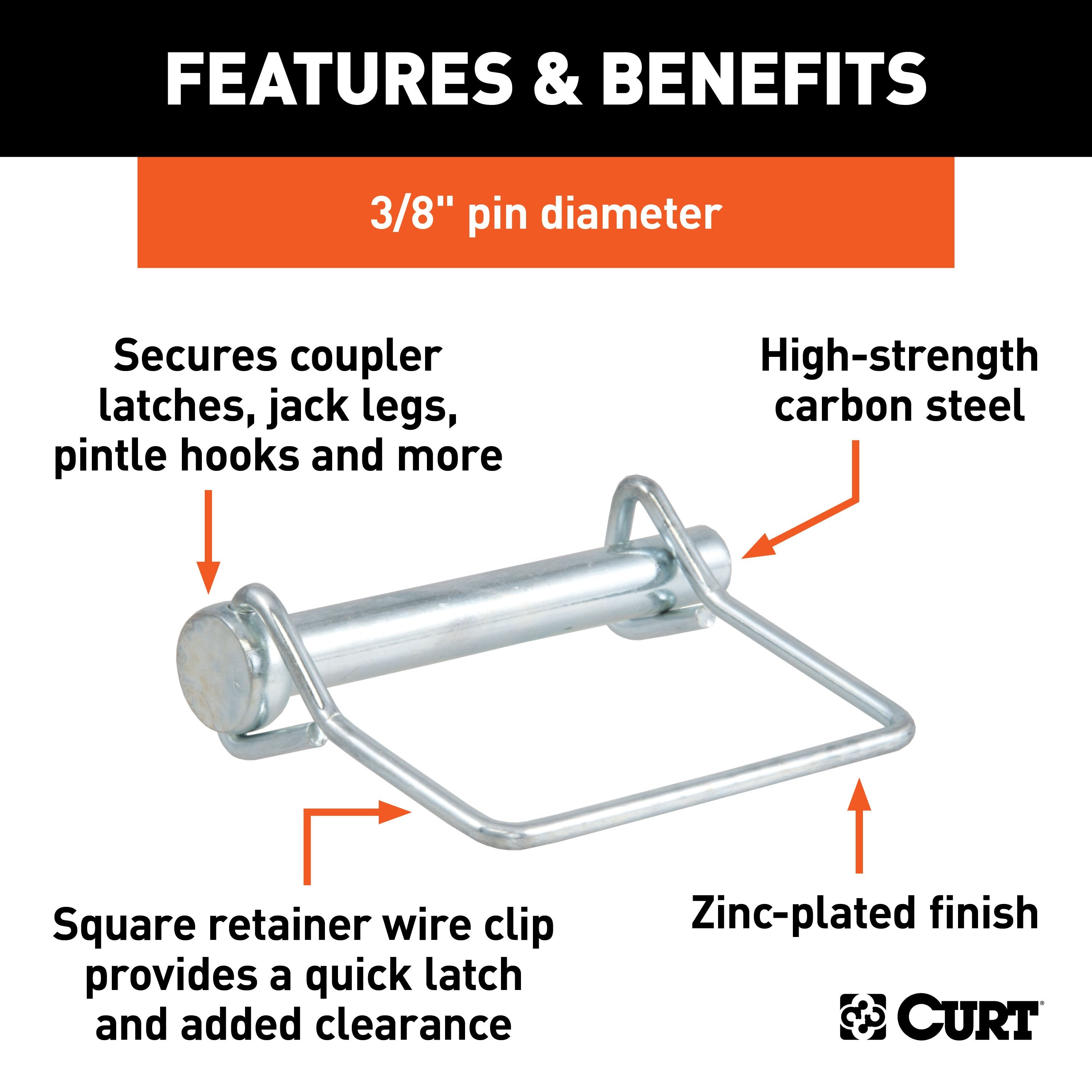 CURT Trailer Coupler Pin, 3/8-Inch Diameter x 2-3/4-Inch Long Model 28279