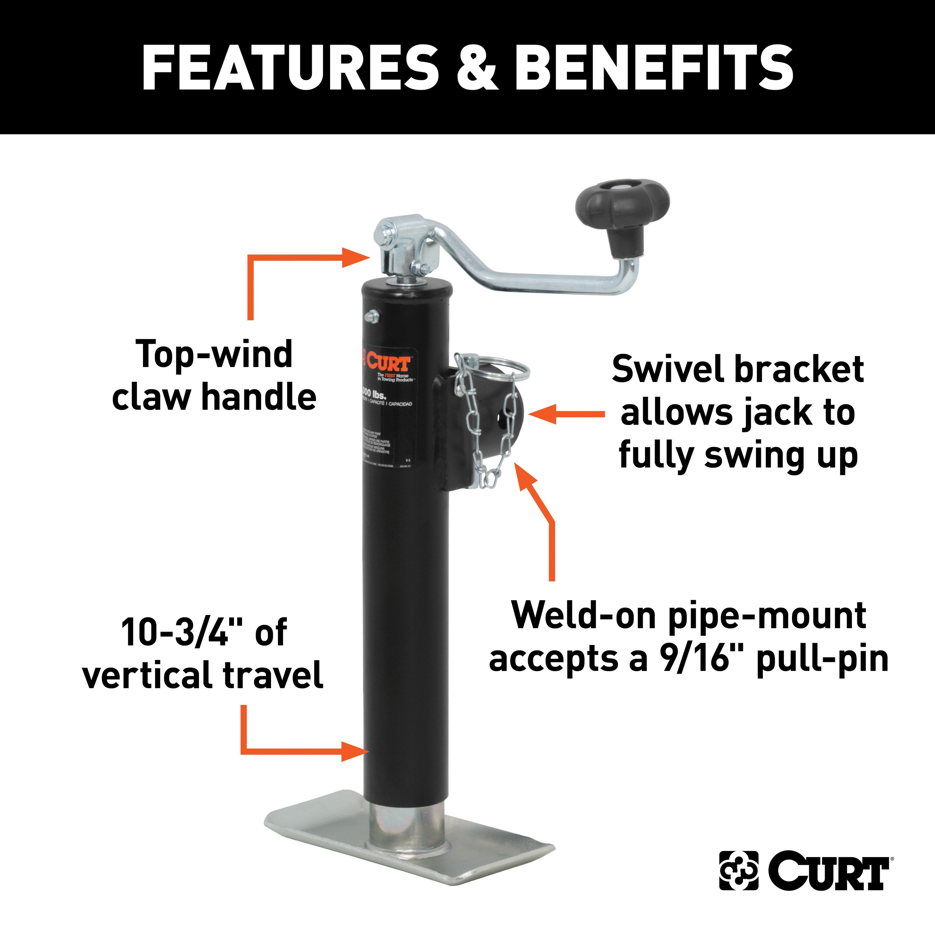 CURT Weld-On Pipe-Mount Swivel Trailer Jack, 3,000 lbs. Support Capacity, 10-3/4 Inches Vertical Travel Model 28320