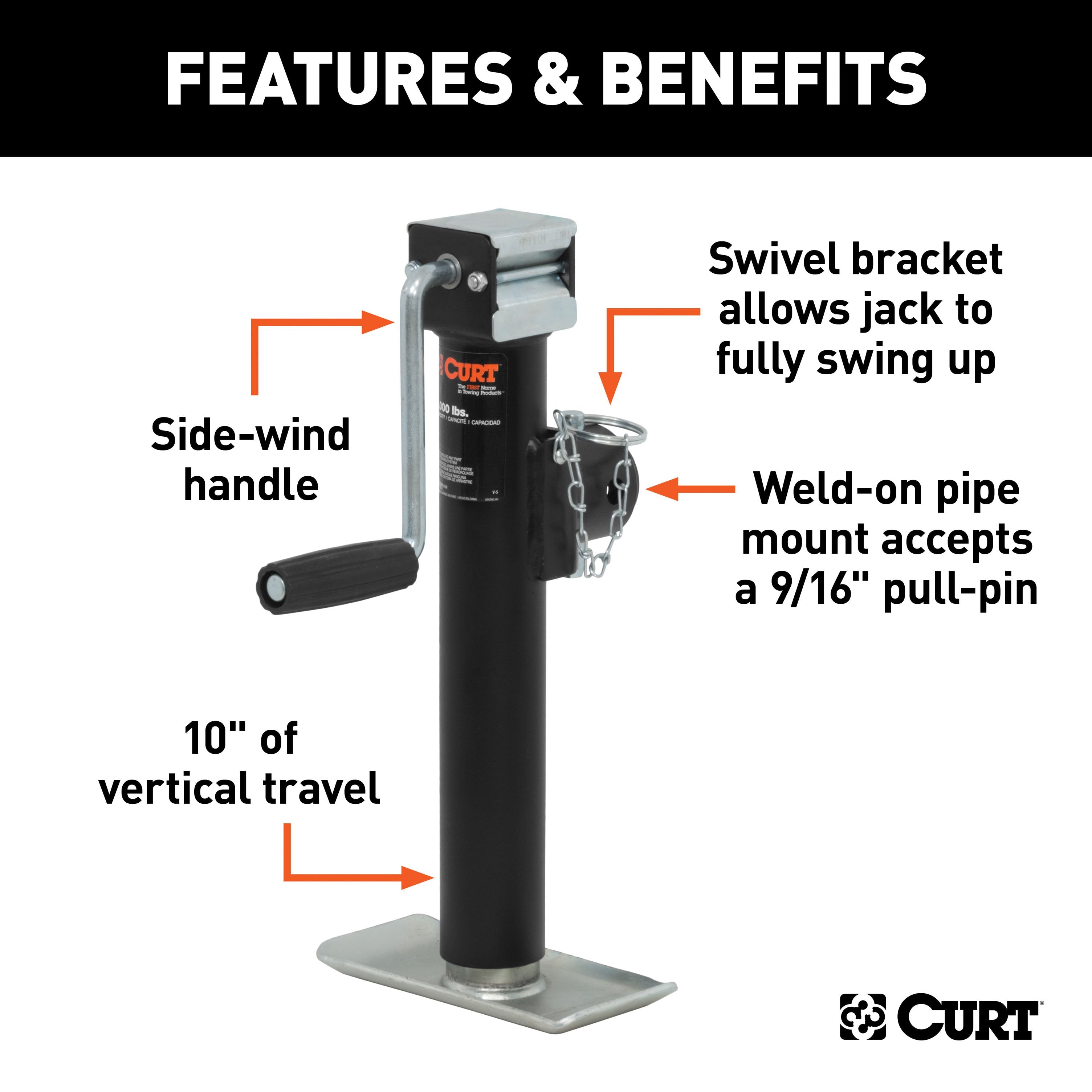 CURT Weld-On Pipe-Mount Swivel Trailer Jack, 3,000 lbs. Support Capacity, 10 Inches Vertical Travel Model 28321