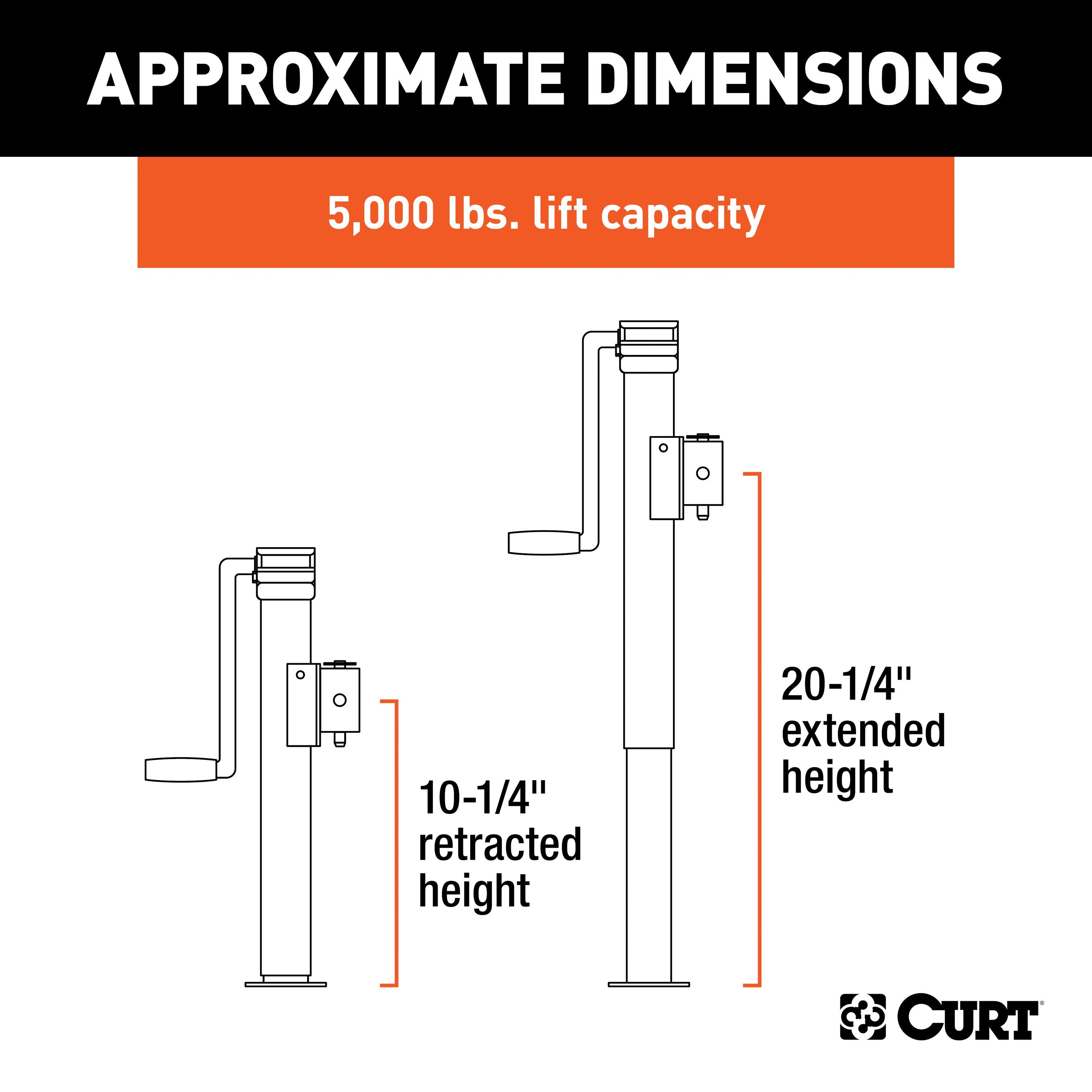 CURT Weld-On Pipe-Mount Swivel Trailer Jack, 5,000 lbs. Support Capacity, 10 Inches Vertical Travel Model 28354