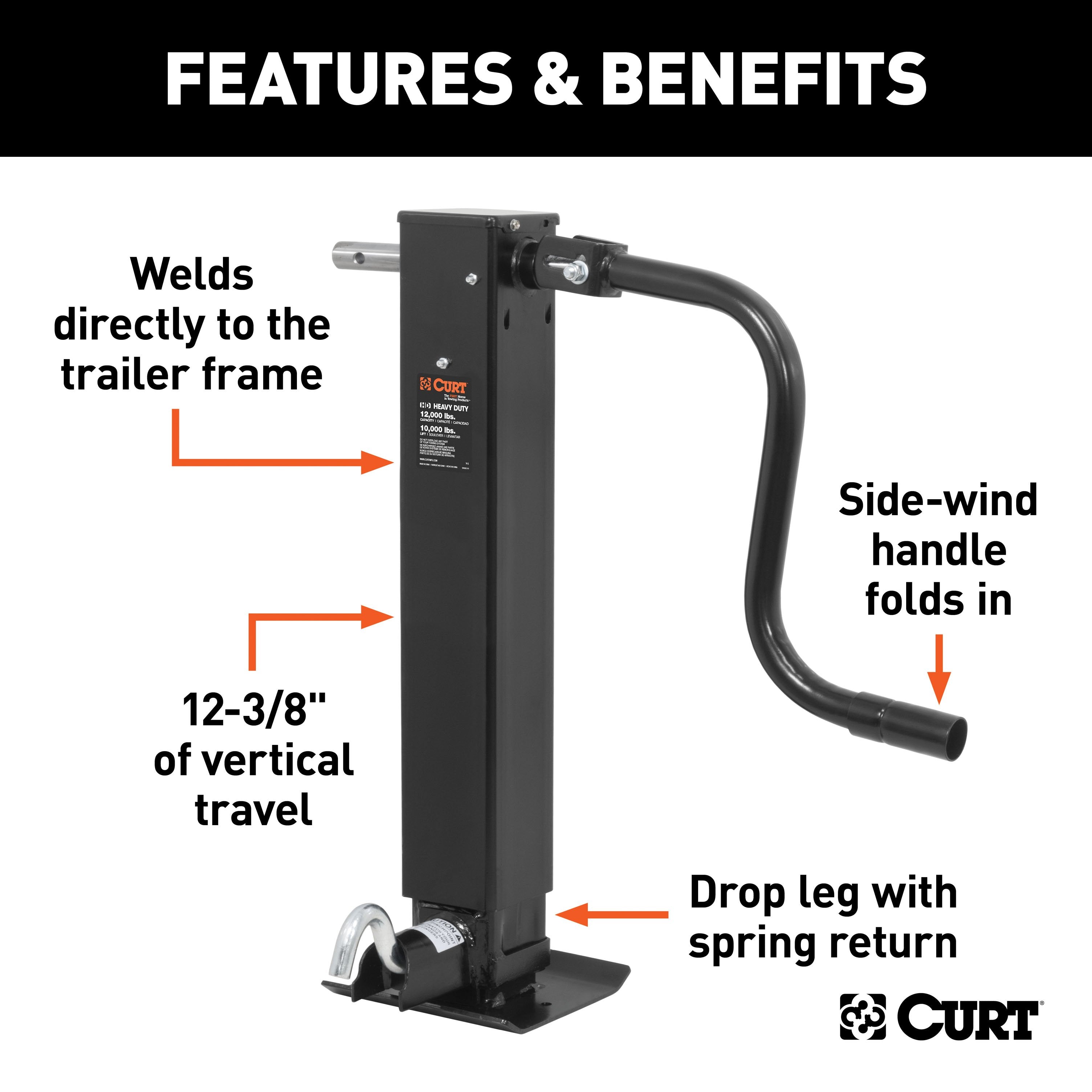 CURT Direct Weld On Heavy-Duty Trailer Jack, 12,000 lbs. 12-3/8 Inches Vertical Travel Model 28512