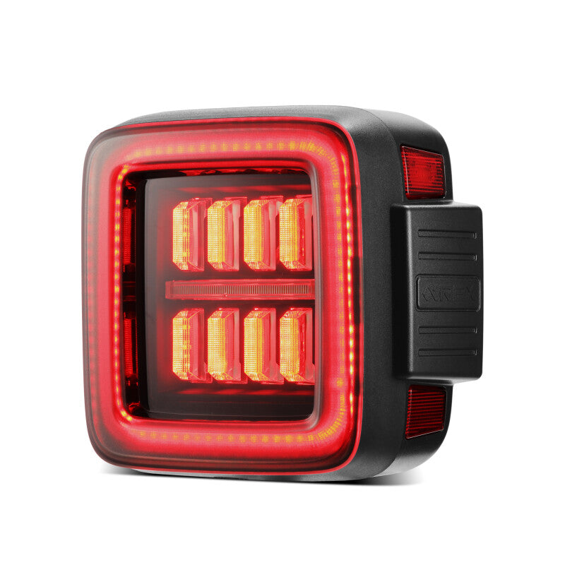 AlphaRex NOVA Prismatic LED taillight for 2018-2023 Jeep Wrangler JL in black and red with modern design and bright illumination.
