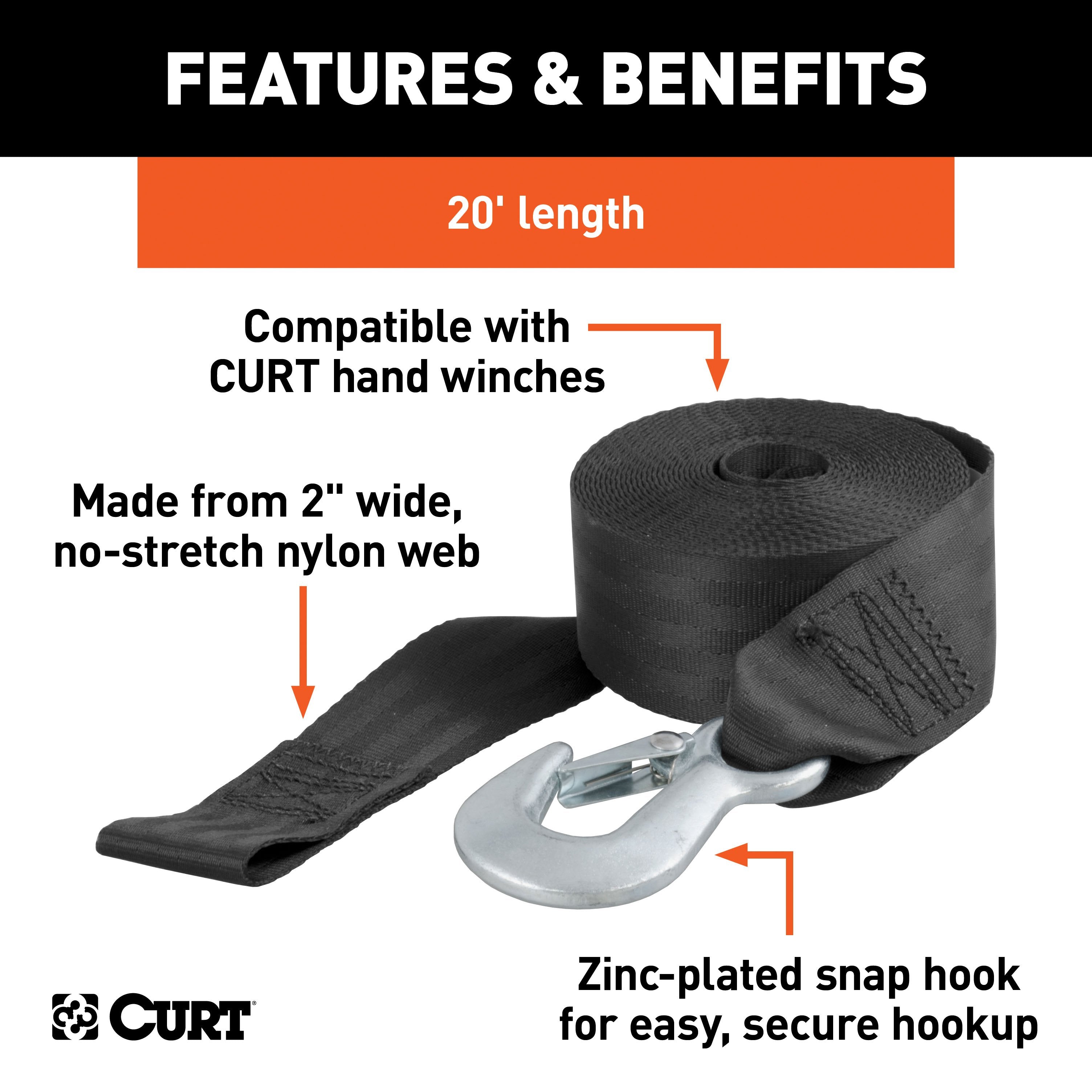 CURT 2-Inch x 20-Foot Nylon Winch Strap with Hook, 4,000 lbs Model 29007