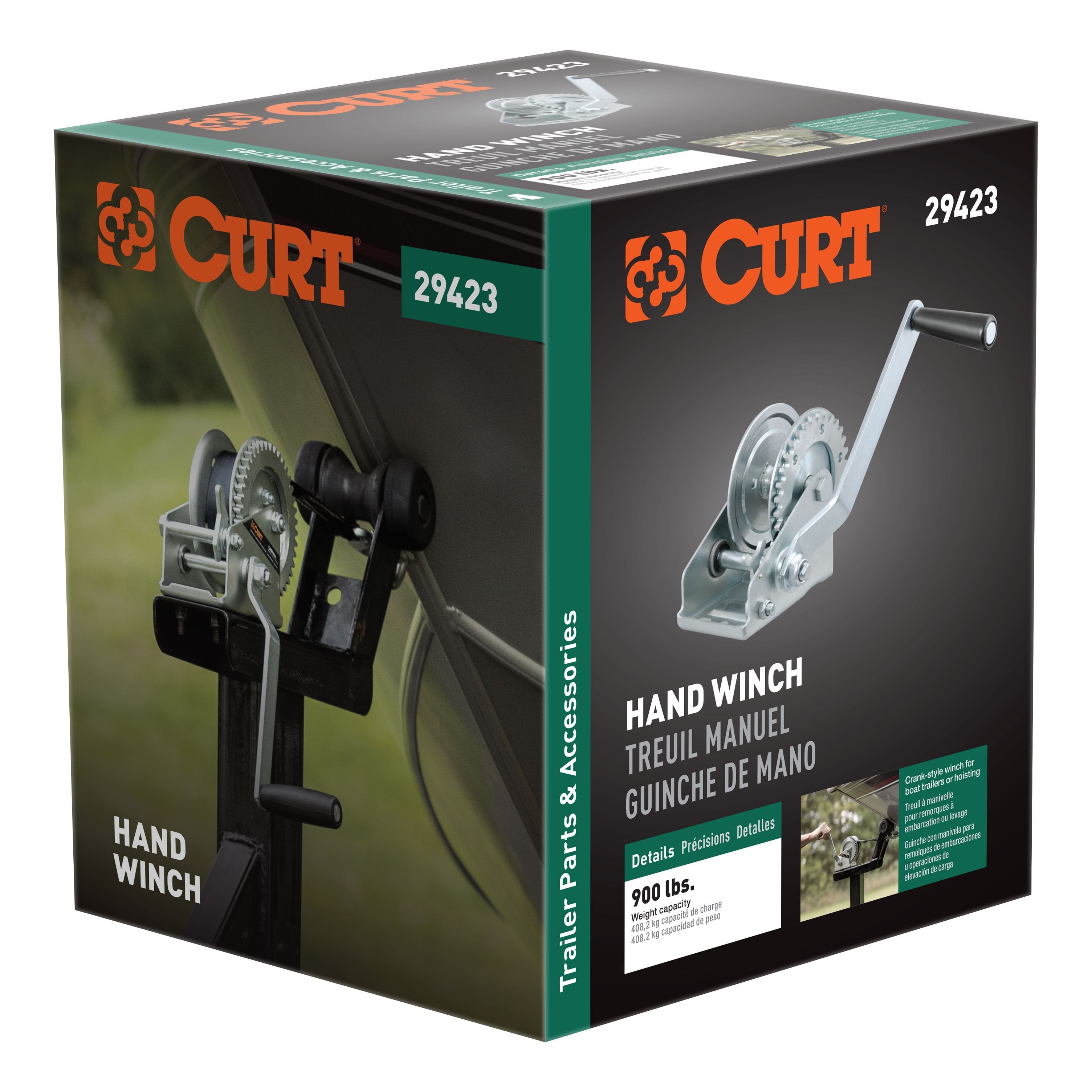 CURT Manual Hand Crank Boat Trailer Winch, 900 lbs Capacity, 6-1/2-Inch Handle, 3.25:1 Gear Ratio Model 29423