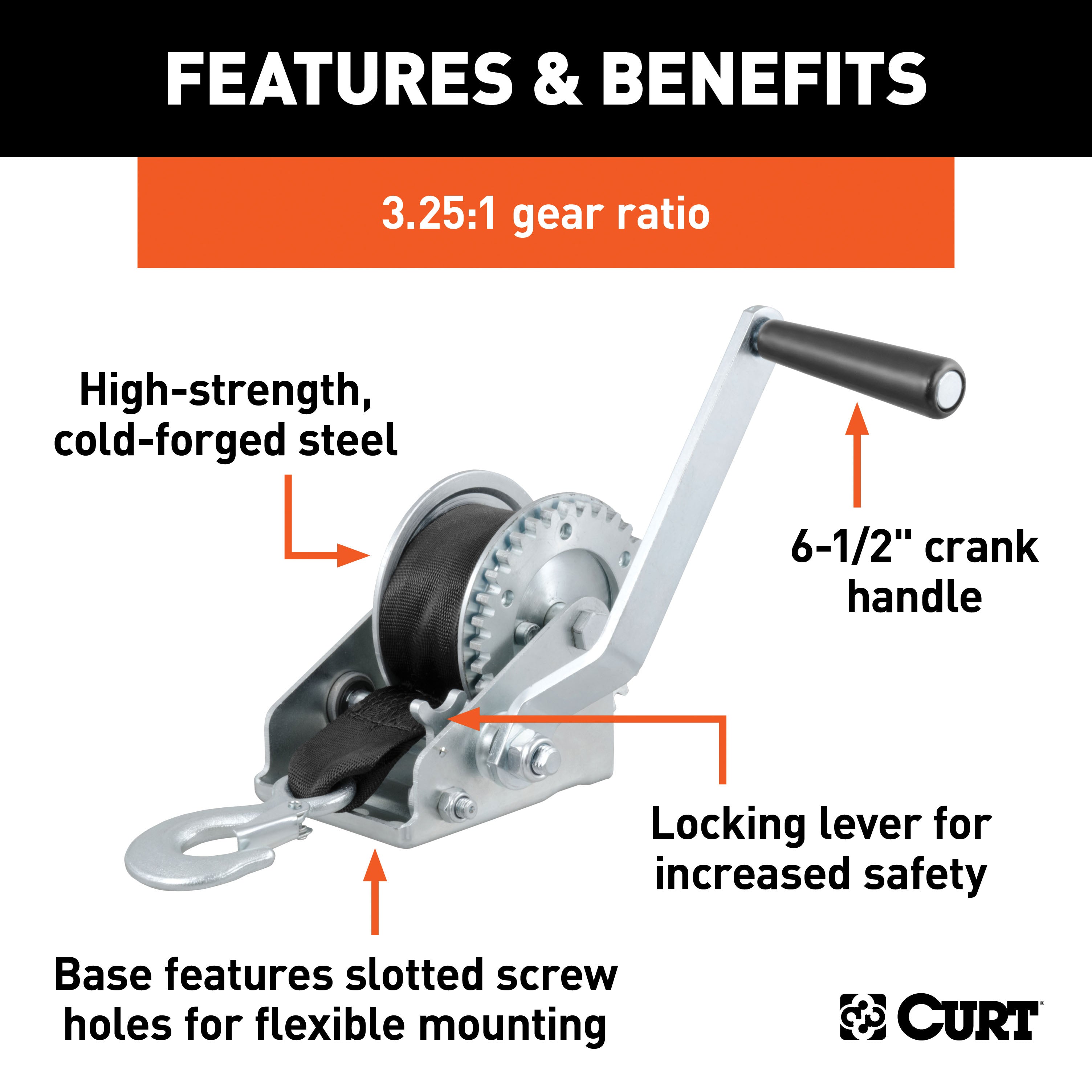 CURT Manual Hand Crank Boat Trailer Winch, 900 lbs Capacity, 6-1/2-In Handle, 3.25:1 Gear Ratio, 15' Strap Model 29433