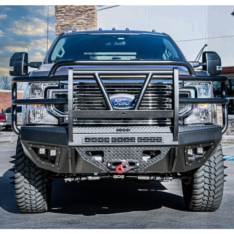 Bodyguard T2 Front Extreme 2017-2022 Ford F250/F350 No Sensors Cutouts Factory Fog Cutouts Winch Mount Skid Plate W/O Mesh Grille No Camera Harness Bare Metal Model EEF17BNWBNN