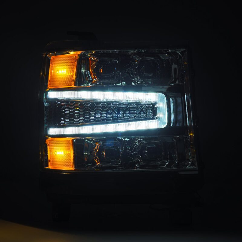 AlphaRex NOVA-Series LED projector headlights for 2016-2018 Chevy 1500HD with sequential signals and daytime running lights.