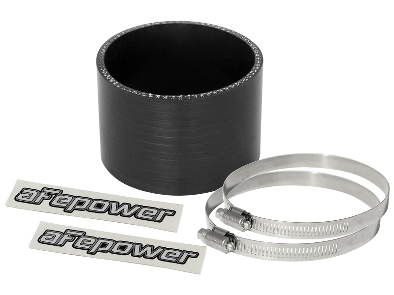 Black afe Magnum FORCE Intake Coupling Kit featuring a straight coupler, two stainless steel clamps, and branded stickers.
