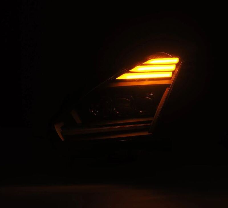AlphaRex NOVA-Series LED projector headlights for 09-25 Nissan GT-R showcasing a sleek design with amber turn signal.