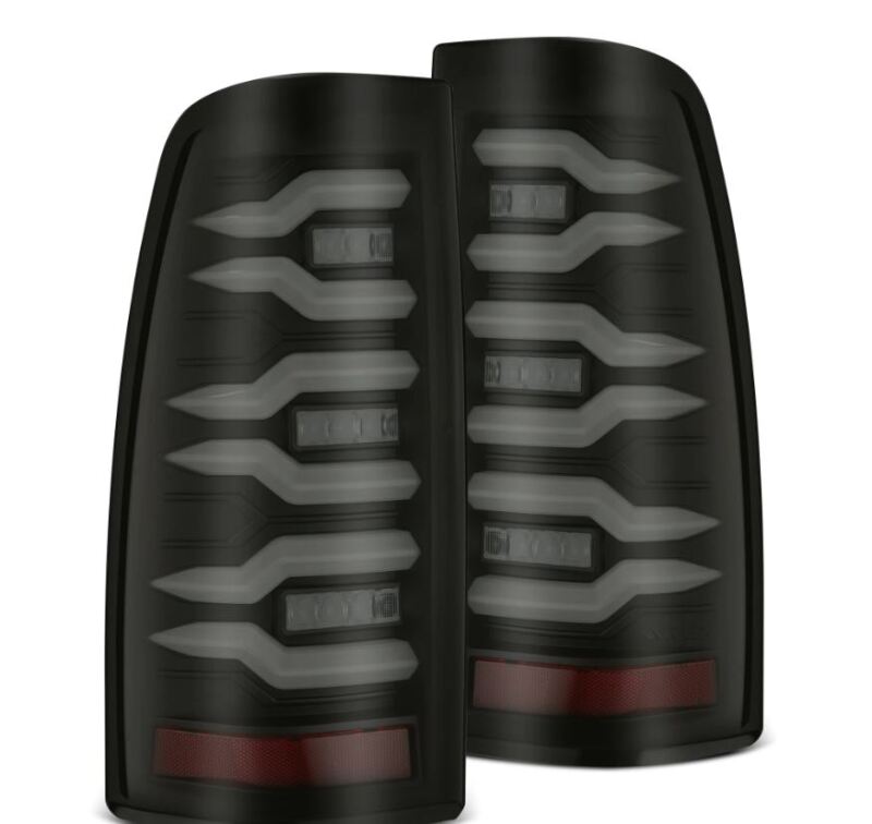 AlphaRex LUXX-Series LED tail lights for 99-06 Chevrolet Silverado and GMC Sierra in black finish, featuring modern design.