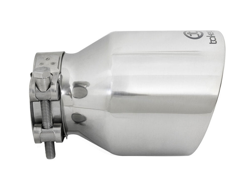 Polished afe Takeda universal exhaust tip with a 2-1/2 inch inlet, 4 inch outlet, and 6 inch length for enhanced performance.