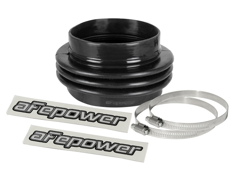 Black afe Magnum FORCE Intake Coupling Kit with straight bellow, two clamps, and aFe Power stickers for enhanced airflow.