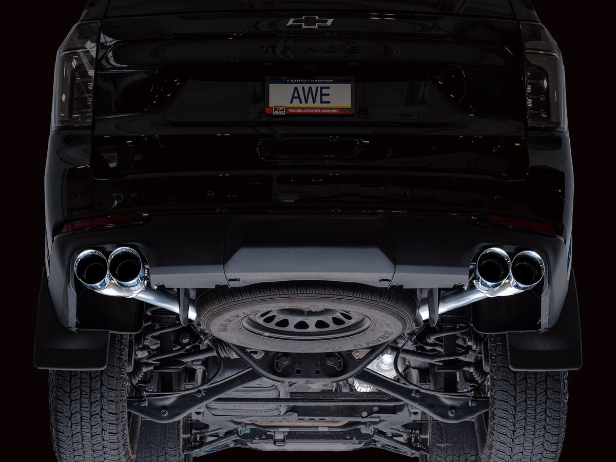 0FG Catback Split Rear Exit Exhaust for 21-Present Suburban/Yukon XL 5.3L - 4.5 Inch Quad Chrome Silver Tips AWE Tuning