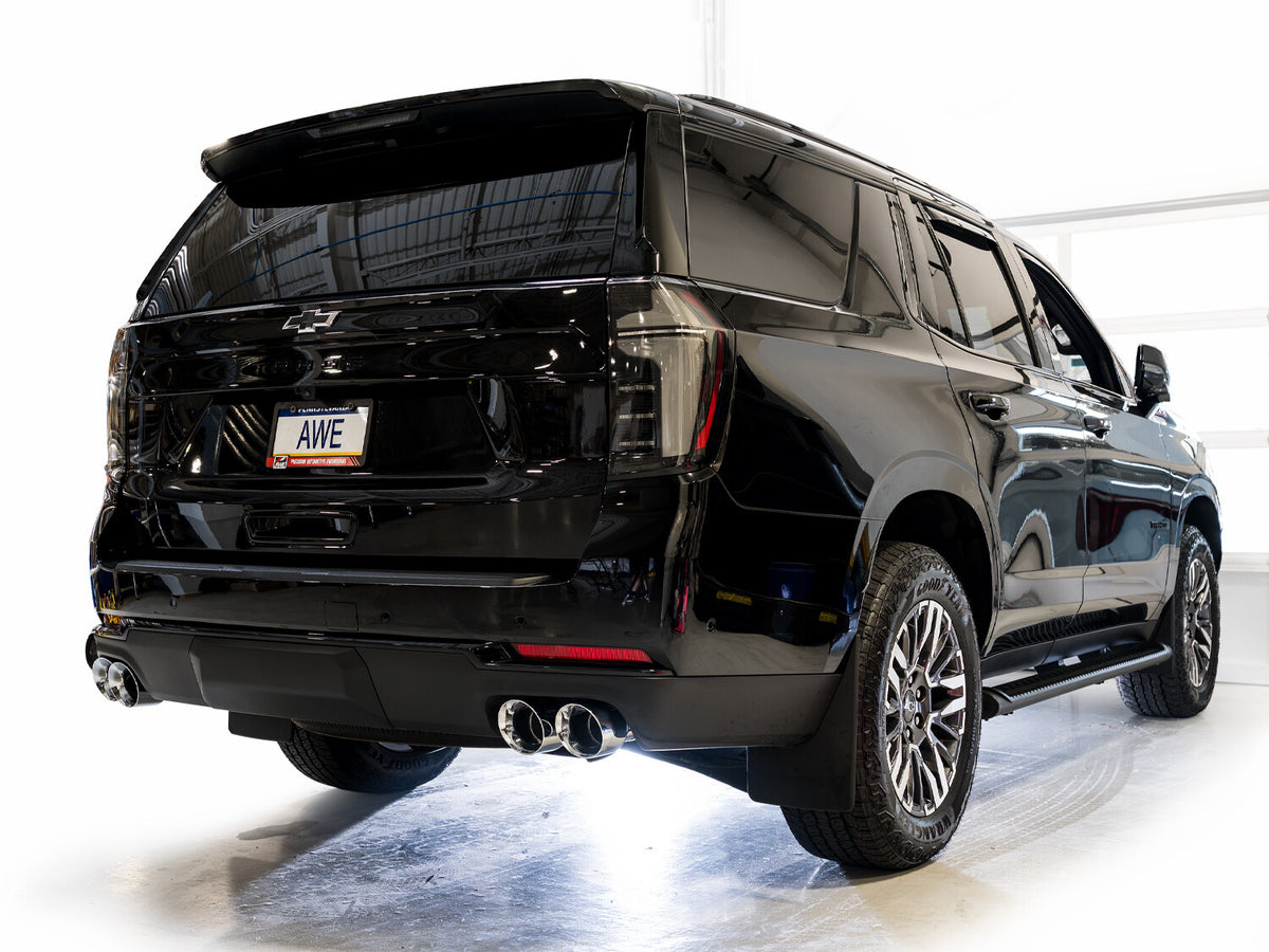 0FG Catback Split Rear Exit Exhaust for 21-Present Suburban/Yukon XL 5.3L - 4.5 Inch Quad Chrome Silver Tips AWE Tuning