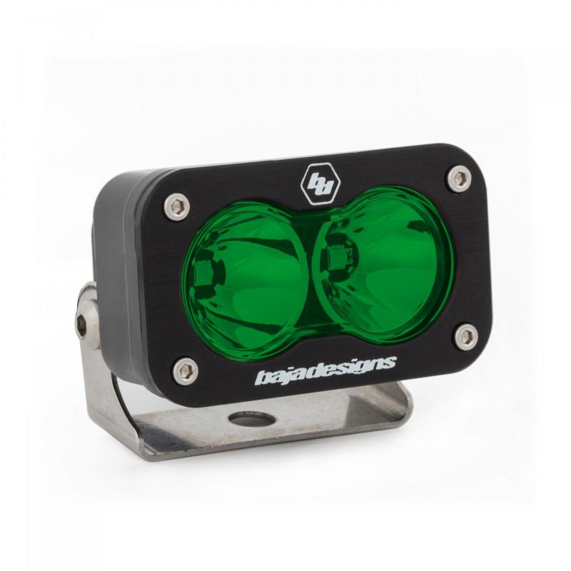 Baja Designs S2 Sport Spot Pattern LED work light in green, featuring a durable black housing and mounting bracket.