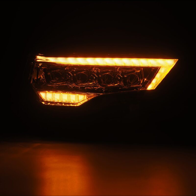 AlphaRex NOVA LED projector headlights for 14-22 Toyota 4Runner featuring chrome finish, sequential signals, and DRL.