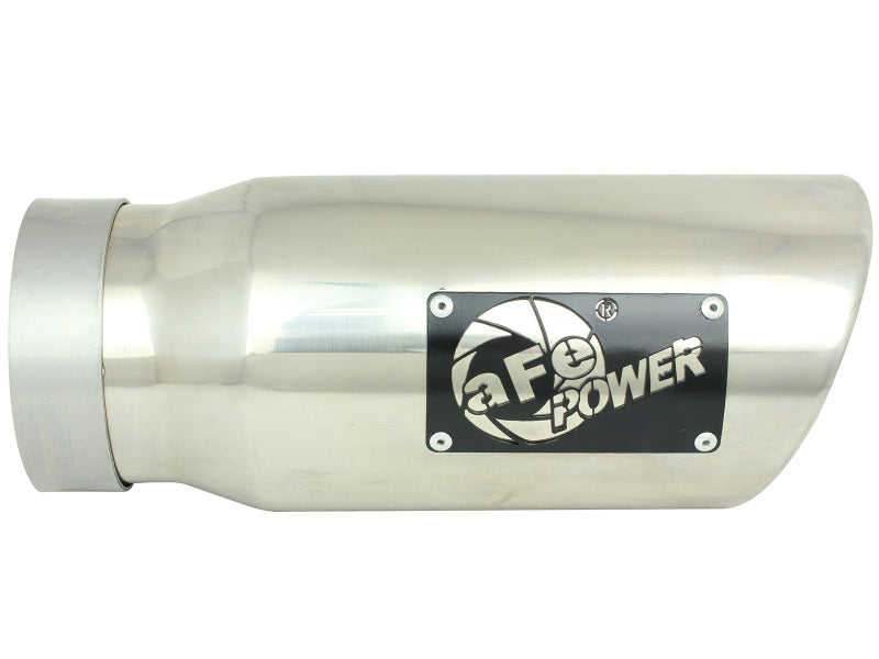 Polished stainless steel afe MACH Force-Xp universal exhaust tip with 4-inch inlet, 5-inch outlet, and 12-inch length.