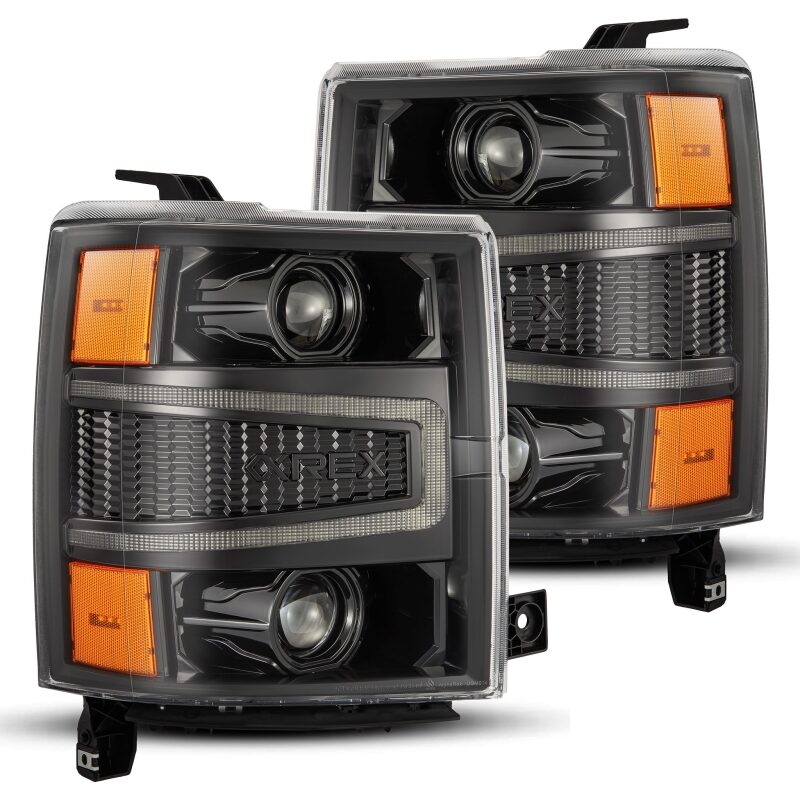AlphaRex 14-15 Chevy 1500 PRO-Series projector headlights in alpha-black with sequential signals and DRL features.