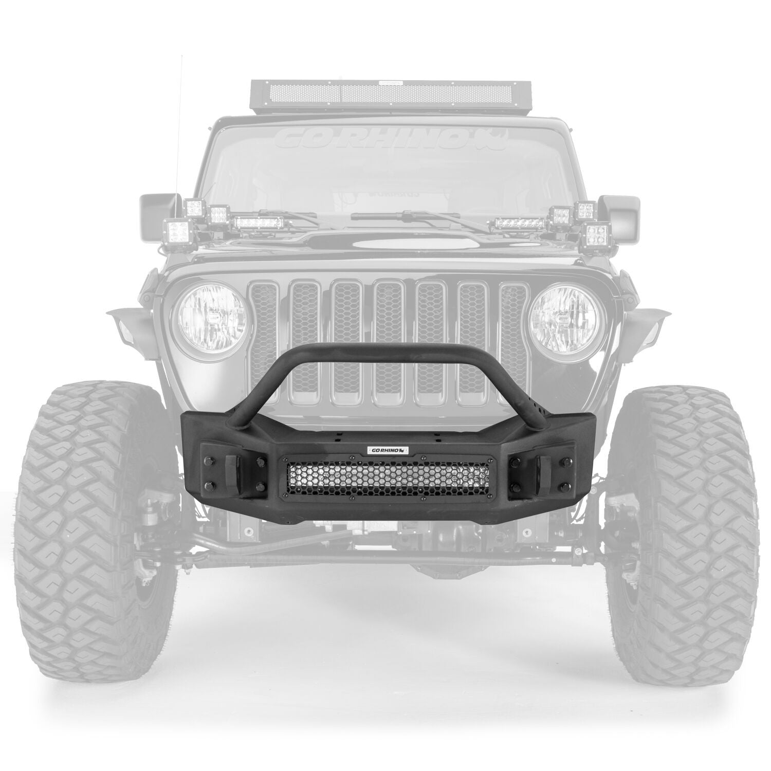 Rockline Front Stubby Bumper W/ Overrider Textured Black 2007-2025 Jeep Wrangler JK/JL 2020-2025 Jeep Gladiator Go Rhino