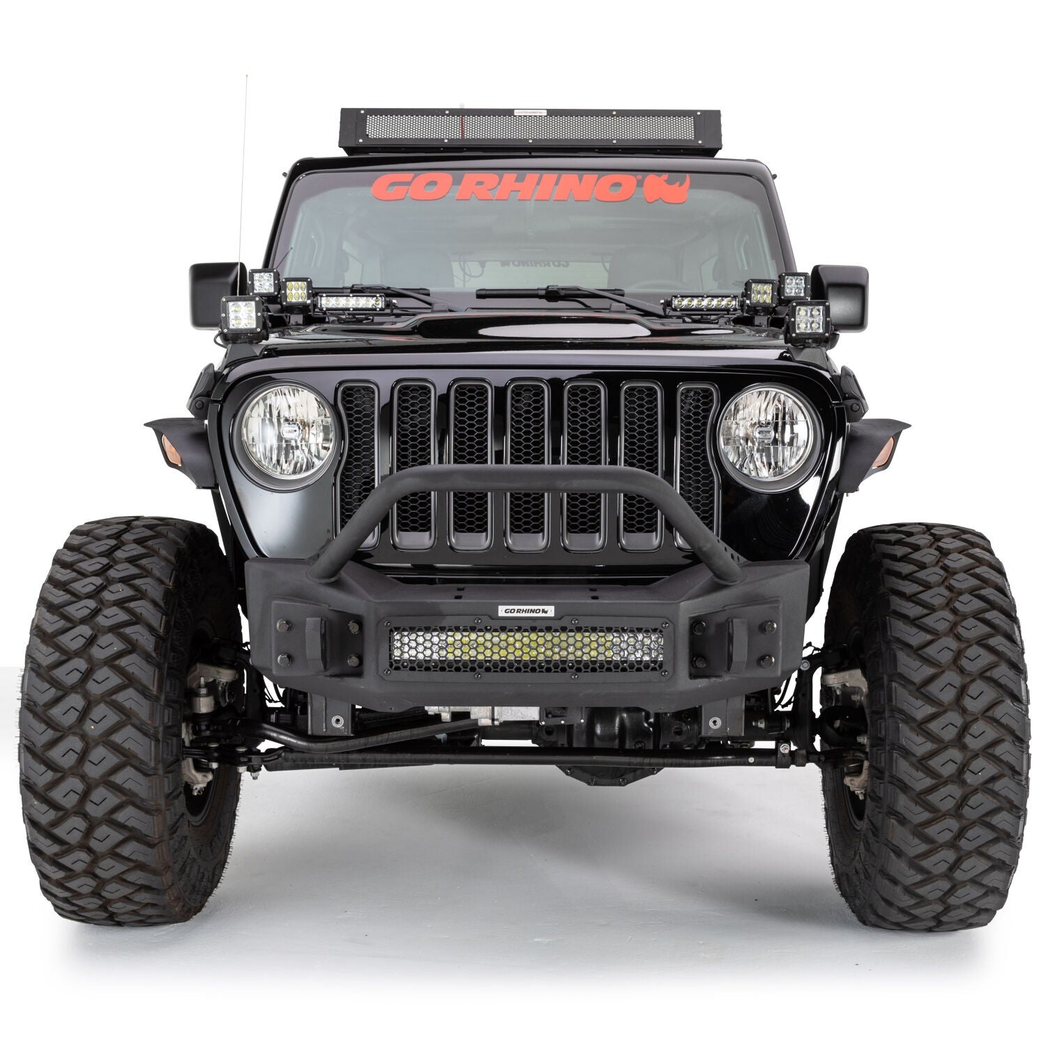 Rockline Front Stubby Bumper W/ Overrider Textured Black 2007-2025 Jeep Wrangler JK/JL 2020-2025 Jeep Gladiator Go Rhino