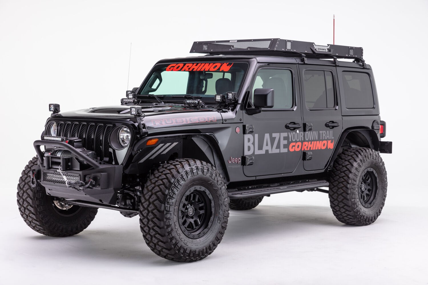 Rockline Front Stubby Bumper W/ Overrider Textured Black 2007-2025 Jeep Wrangler JK/JL 2020-2025 Jeep Gladiator Go Rhino