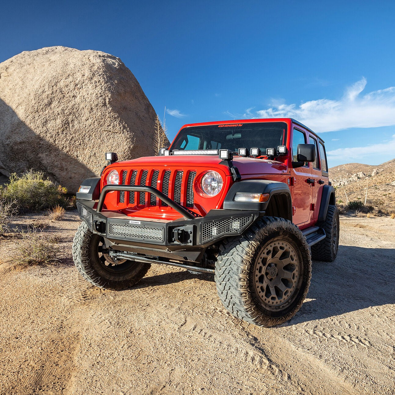 Rockline Front Full Width Bumper W/ Overrider Textured Black 2007-2024 Jeep Wrangler JK/JL 2020-2025 Jeep Gladiator Go Rhino