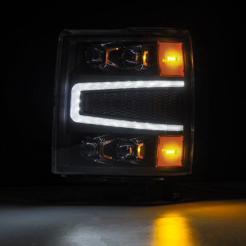 AlphaRex NOVA-Series LED projector headlights for 04-15 Chevy 1500HD with black housing, sequential signal, and DRL.