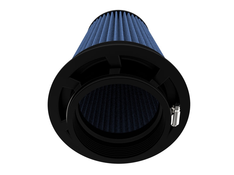 Inverted air filter with blue pleated design, measuring 4 inches front, 6 inches back, and 8.5 inches high.