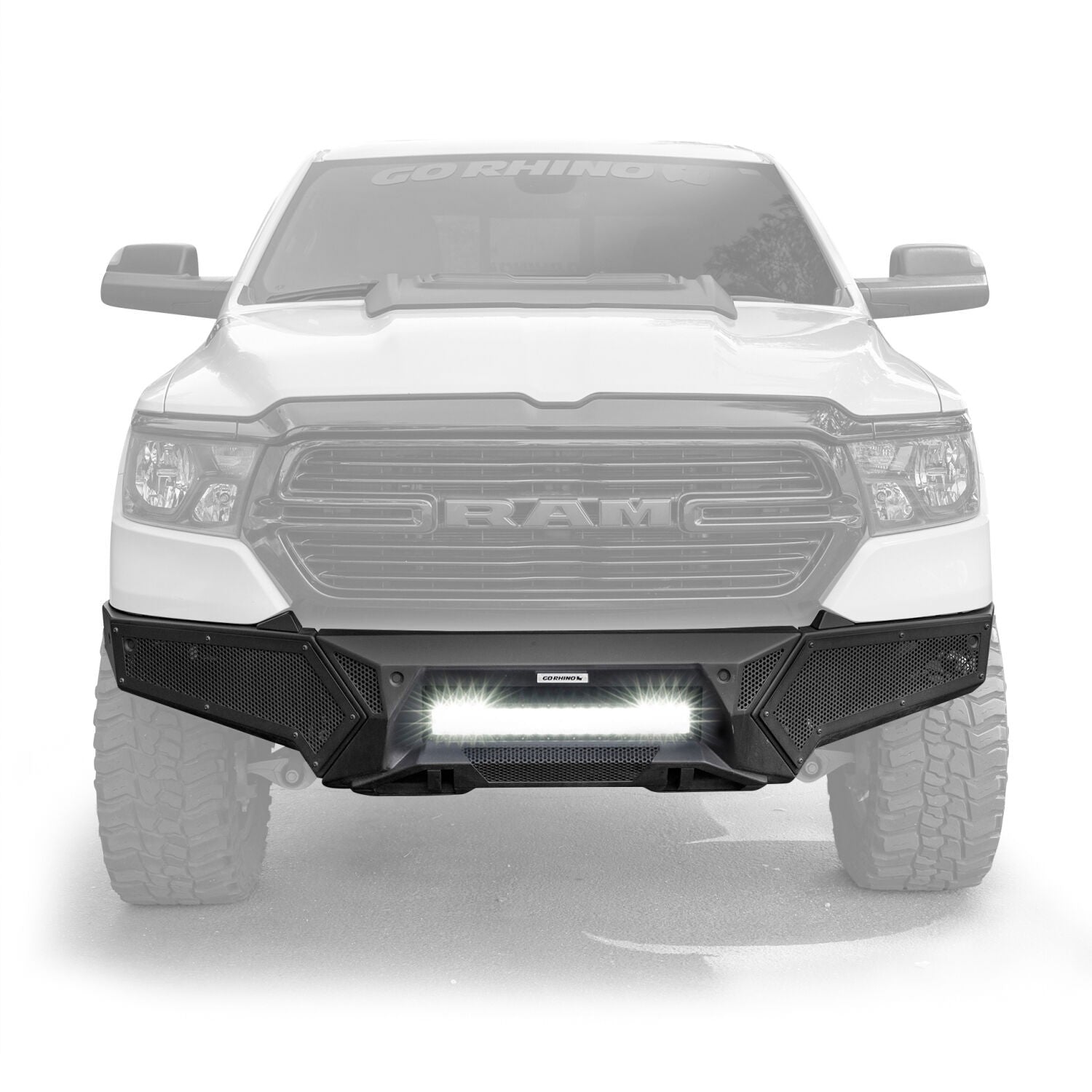 Element Front Bumper with Power Actuated Hide Away Light Bar Mount Textured Black 2019-2024 Ram 1500 Go Rhino
