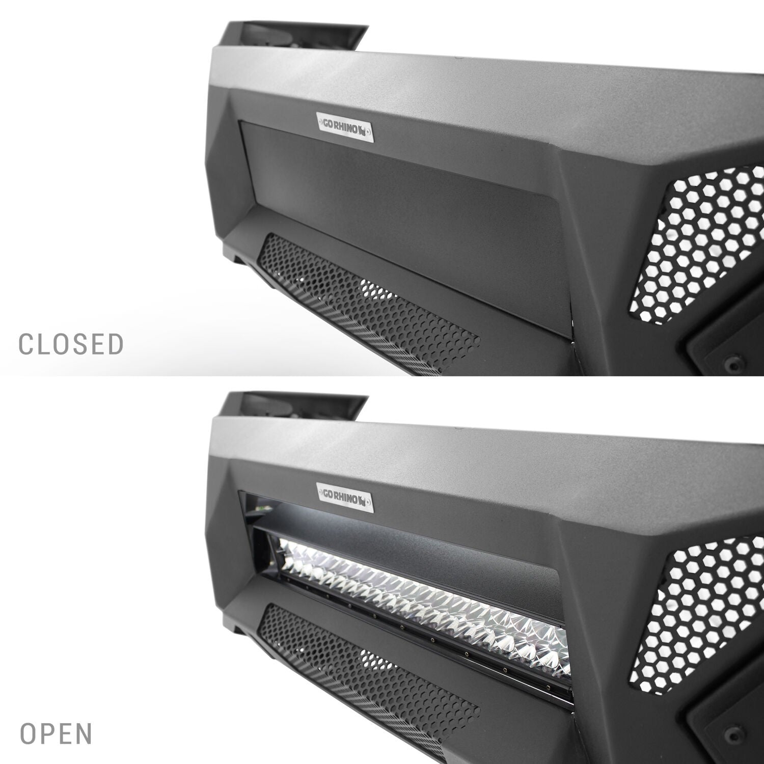Element Front Bumper with Power Actuated Hide Away Light Bar Mount Textured Black 2019-2024 Ram 1500 Go Rhino