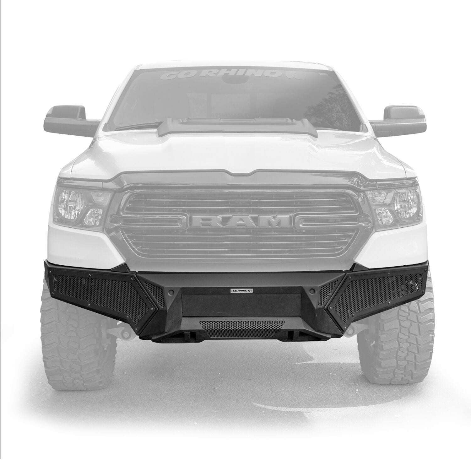 Element Front Bumper with Power Actuated Hide Away Light Bar Mount Textured Black 2019-2024 Ram 1500 Go Rhino