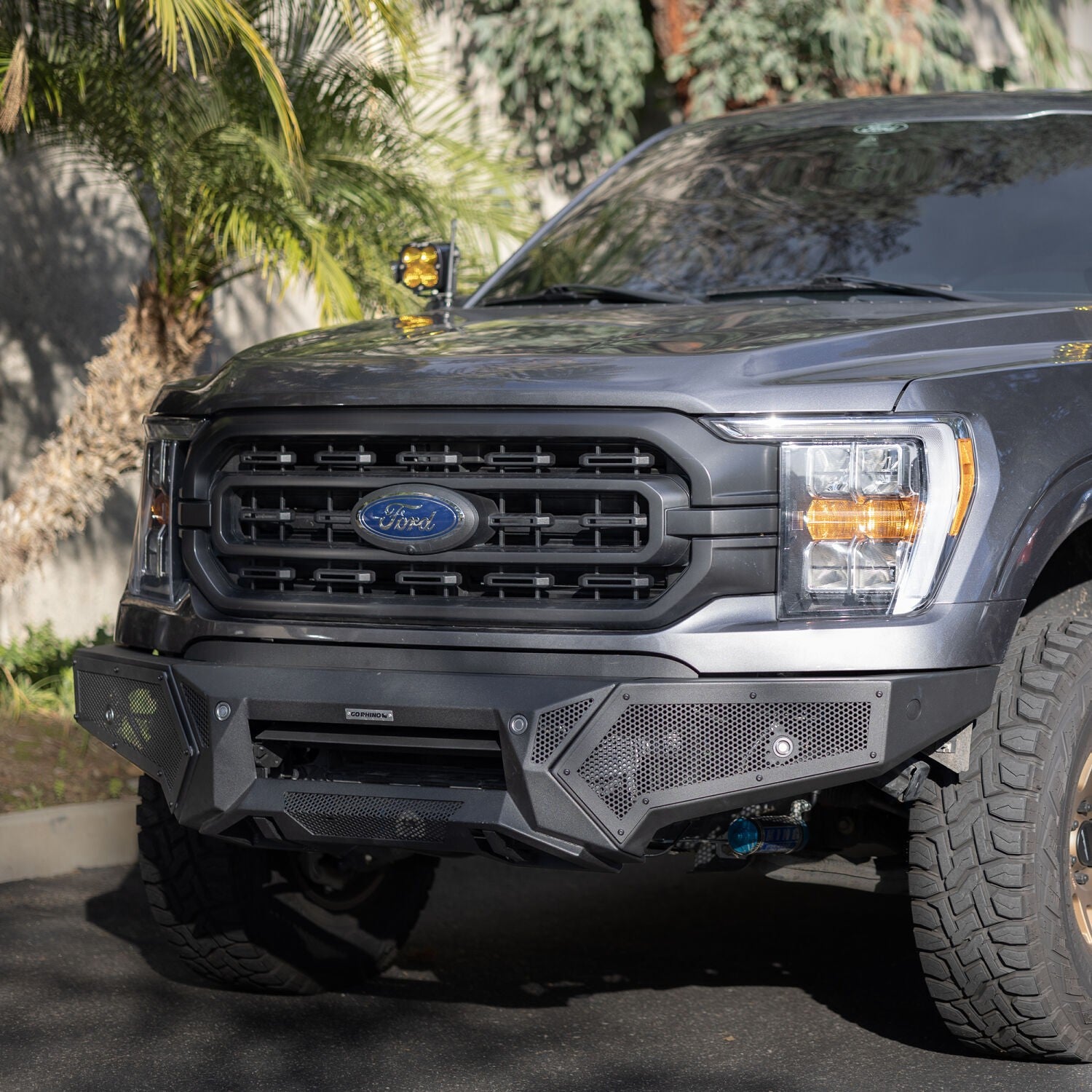 Element Front Bumper with Power Actuated Hide Away Light Bar Mount Textured Black 2021-2023 Ford F-150 Go Rhino