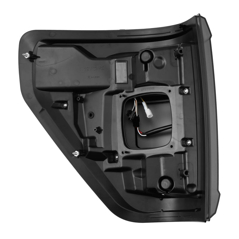 AlphaRex LUXX LED taillights for 21-23 Ford F-150 in Alpha-Black finish with BLIS technology, showcasing a sleek design.