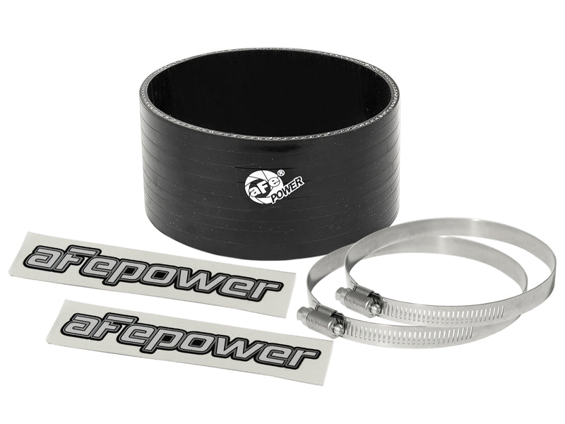 Black afe Magnum FORCE Intake Coupling Kit with straight coupler, two stainless steel clamps, and aFe Power decals.