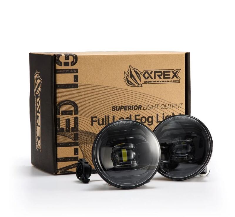 AlphaRex DoubleTap dual color LED projector fog lights for Chevrolet, GMC, and Pontiac in packaging, showcasing superior light output.