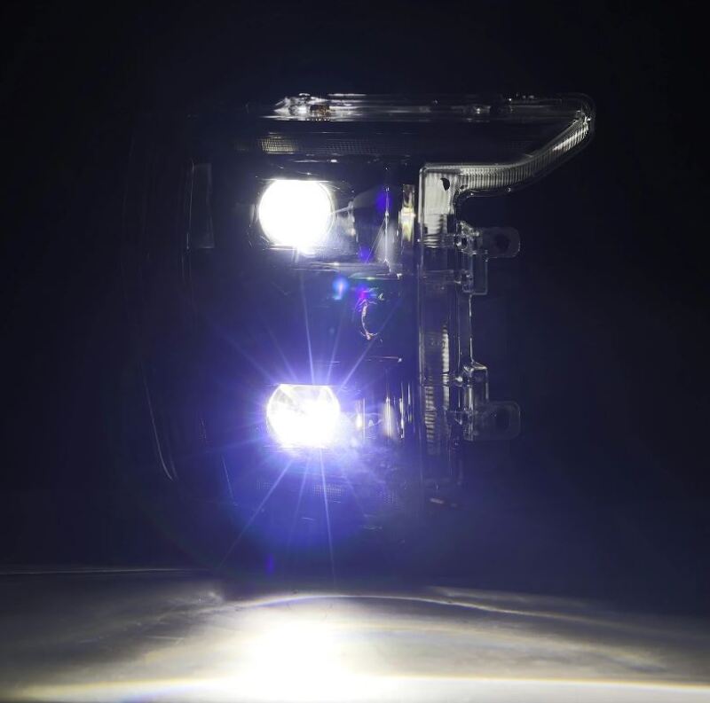 AlphaRex Luxx-Series projector headlights for 2021-2022 Ford F150 in alpha-black with sequential signal and active light.