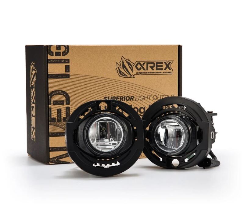 AlphaRex dual color LED projector fog lights for 2015-2023 Dodge Charger, excluding SRT, with packaging.