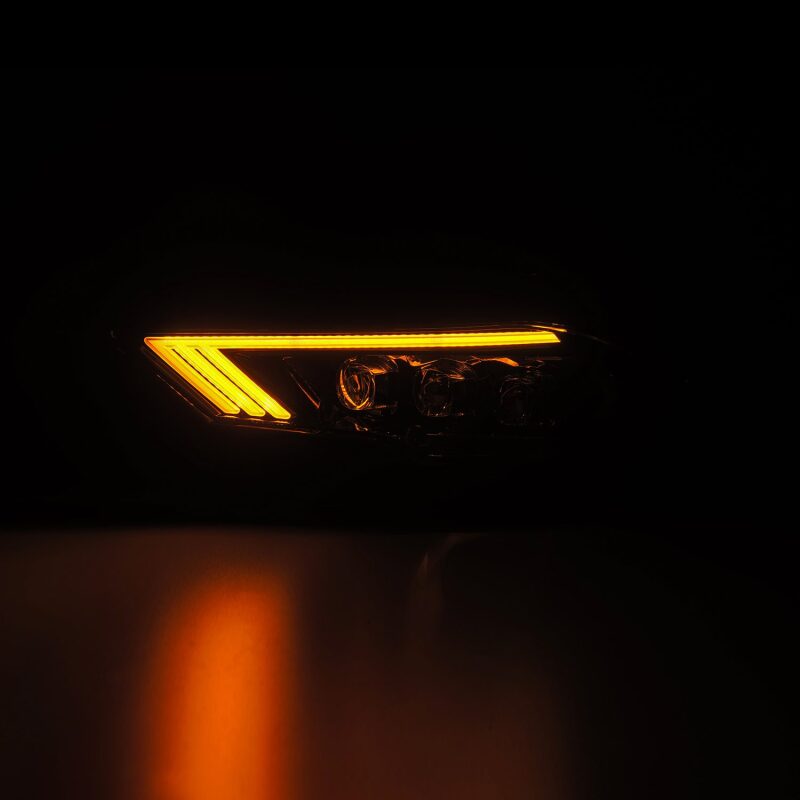 AlphaRex NOVA-Series LED projector headlights for 2018-2022 Ford Mustang in black, showcasing a striking amber light design.