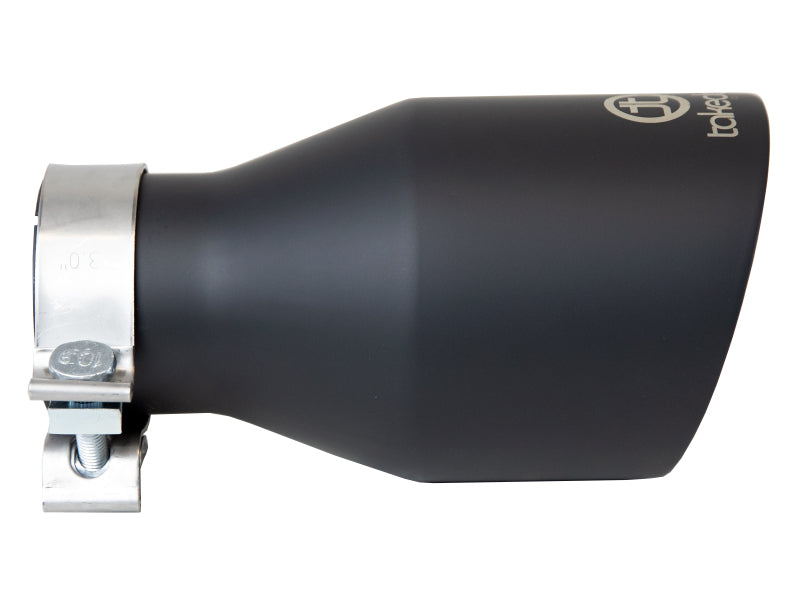 Afe Takeda universal exhaust tip featuring a 3-inch inlet, 5-inch outlet, and 9-inch length with a sleek black finish.