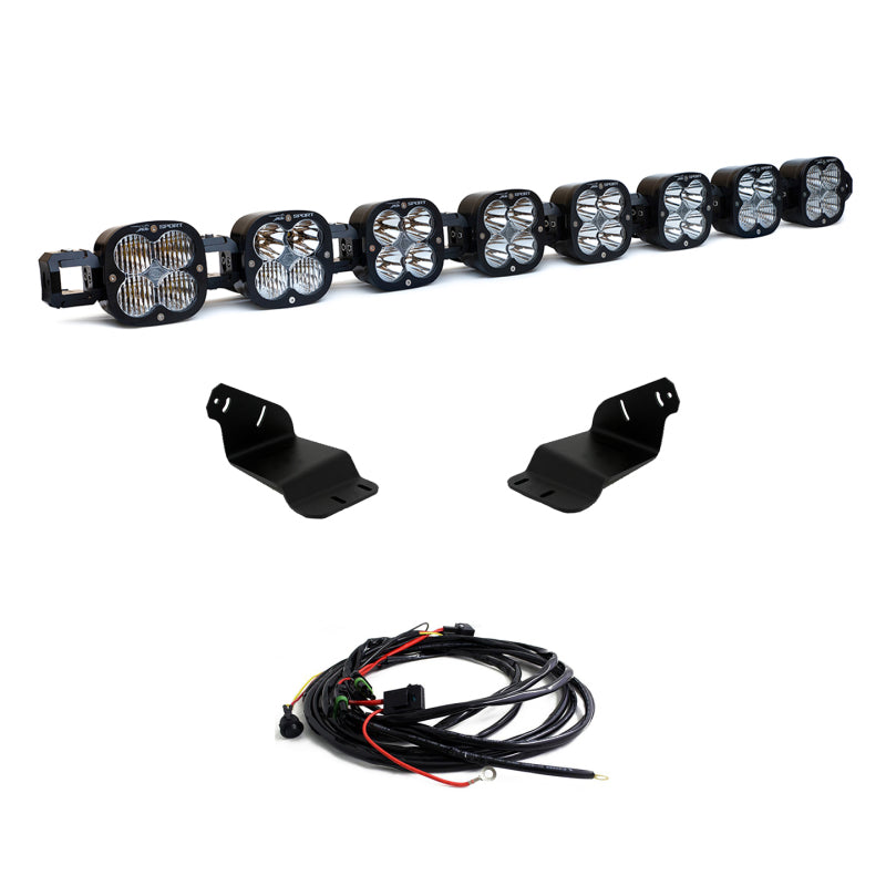 Baja Designs roof light bar kit for 2021+ Ford Bronco featuring eight linkable XL lights, mounting brackets, and wiring harness.