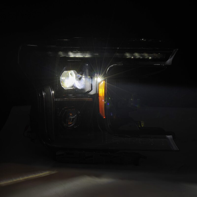 AlphaRex LUXX LED projector headlights for 2018-2020 Ford F-150 with sequential signal and daytime running lights.