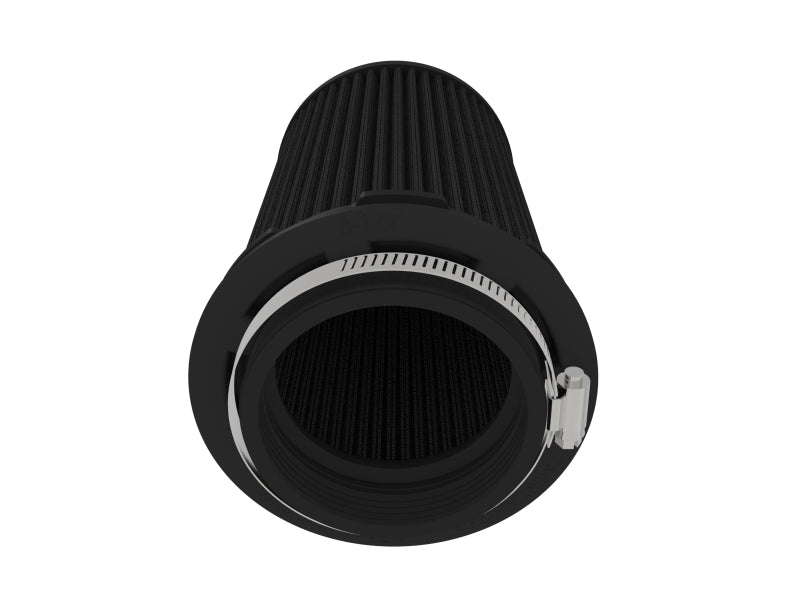 Inverted air filter with a black pleated design, measuring 3.5 inches front, 5 inches back, and 7.5 inches high.
